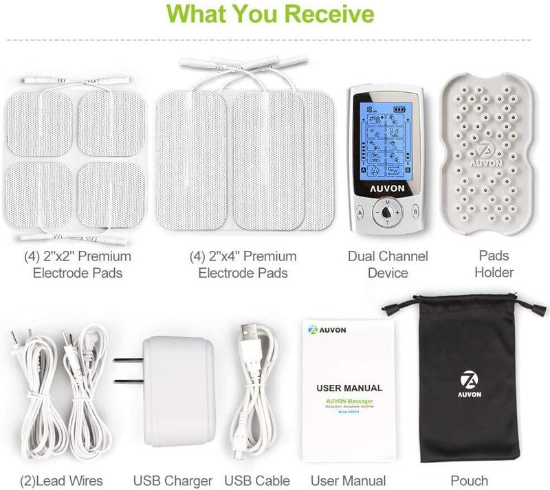 AUVON Dual Channel TENS Unit Muscle Stimulator Machine with 20 Modes, 2" and 2"x4" TENS Unit Electrode Pads : Health & Household