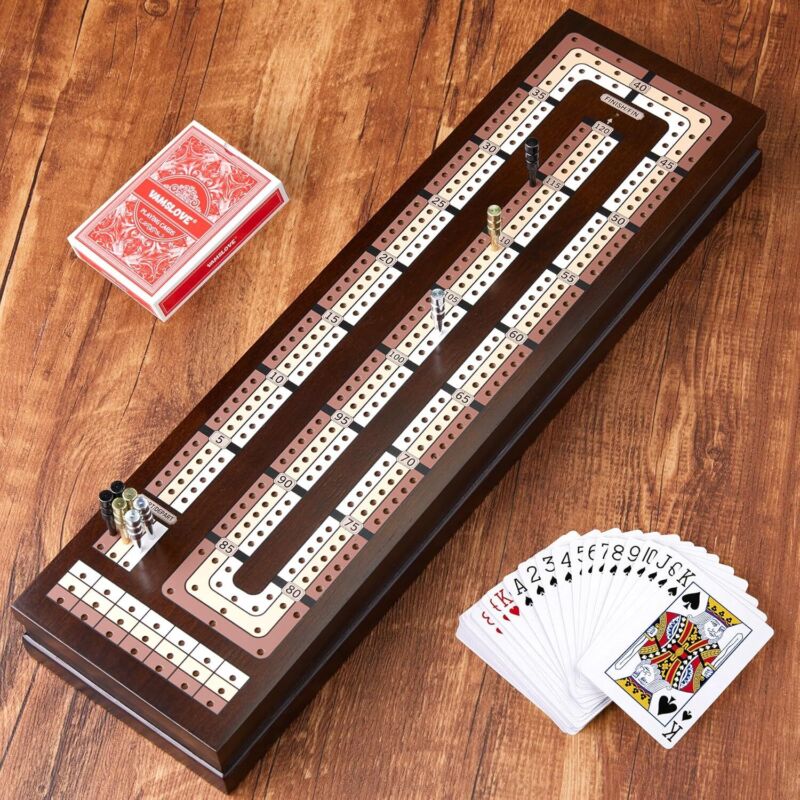 VAMSLOVE Wooden Cribbage Board Game Magnetic 3-Track Scoreboard with Large Slots for Storing 2 Playing Cards and 9 Metal Pegs, Travel Family Game Night (Instruction Included : Toys & Games