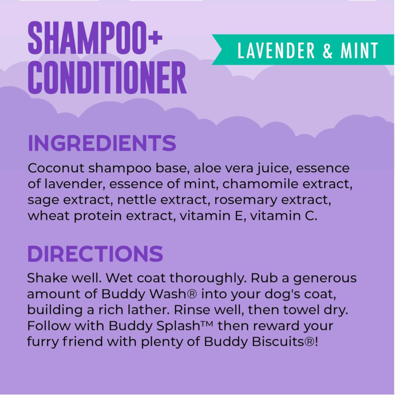 Pet Shampoos Plus Conditioners : Buddy Wash 2-in-1 Dog Shampoo and Conditioner for Dog Grooming, Lavender & Mint, 1 gal. Bottle