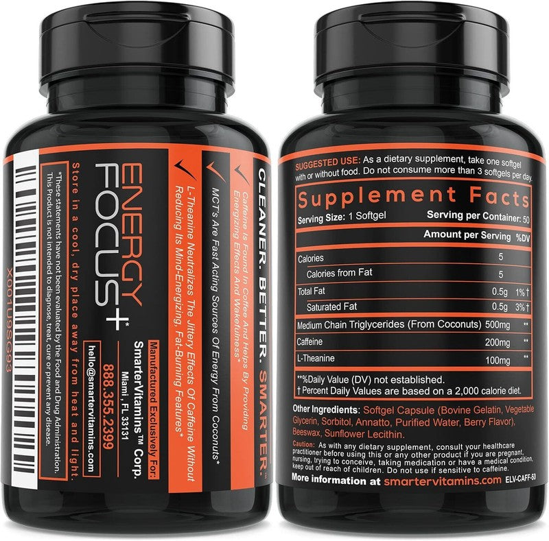 SmarterVitamins (3-Pack 200mg Caffeine Pills with 100mg L-Theanine + Coconut MCT Oil, Energy and Focus, Extended Release Capsule, 150 Liquid Softgels : Health & Household