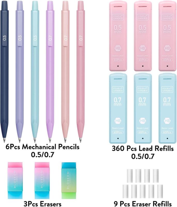 Four Candies Cute Mechanical Pencil Set, 6PCS Pastel Mechanical Pencils 0.5 & 0.7mm with 360PCS HB Pencil Leads, 3PCS Erasers and 9PCS Eraser Refills, Aesthetic Mechanical Pencils for Girls Writing : Office Products