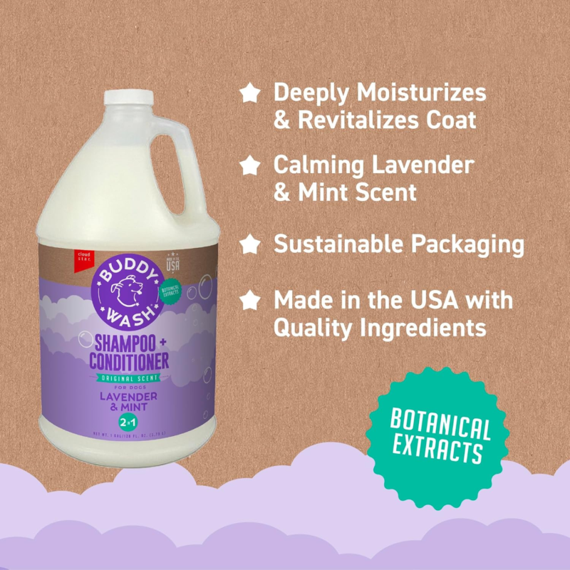 Pet Shampoos Plus Conditioners : Buddy Wash 2-in-1 Dog Shampoo and Conditioner for Dog Grooming, Lavender & Mint, 1 gal. Bottle