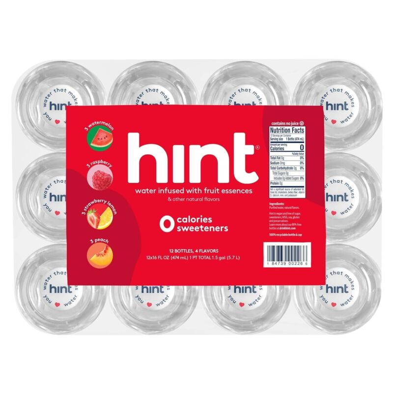 Hint Water Red Variety Pack, 3 Bottles Each of: Peach, Raspberry, Watermelon, and Strawberry Lemon, Zero Calories, Zero Sugar and Zero Sweeteners, 16 Fl Oz (Pack of 12) : Grocery & Gourmet Food