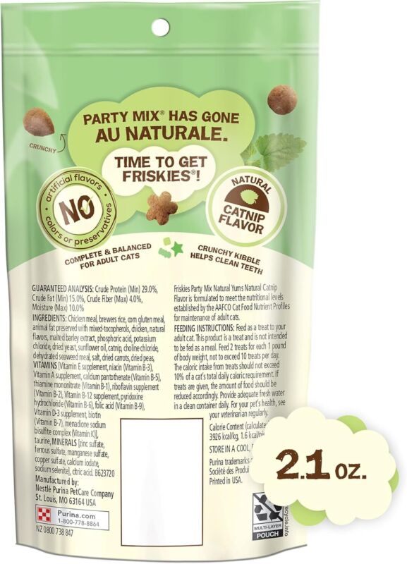 Purina Friskies Made in USA Facilities, Natural Cat Treats, Party Mix Natural Yums Catnip Flavor - (Pack of 10) 2.1 oz. Pouches : Pet Supplies