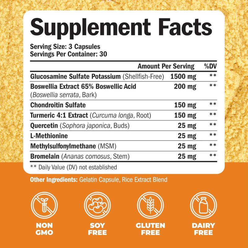 Glucosamine Chondroitin MSM and Turmeric Supplement - Joint Support Supplement for Women & Men with Boswellia & Glucosamine Sulfate 1500 mg. Used for Cartilage & Joint Health & Flexibility 90 Capsules : Health & Household