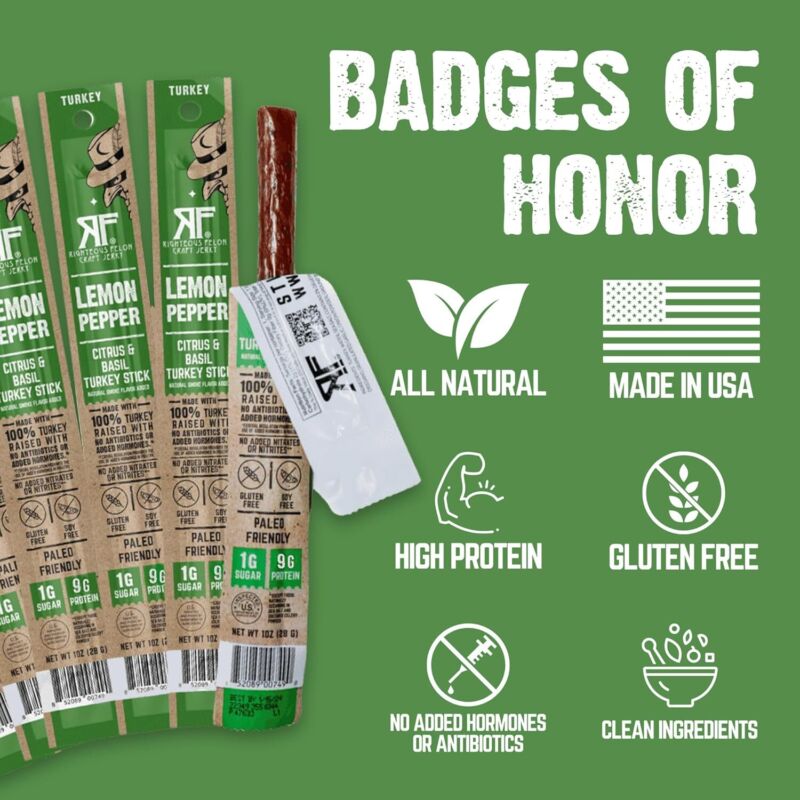 Righteous Felon Meat Sticks | 100% Turkey Sticks | Gluten Free & Keto Meat Sticks | Low Sugar & High Protein Turkey Sticks| Healthy Snack for Adults | Jerky Gifts for Men | Lemon Pepper, 10 Pack : Grocery & Gourmet Food