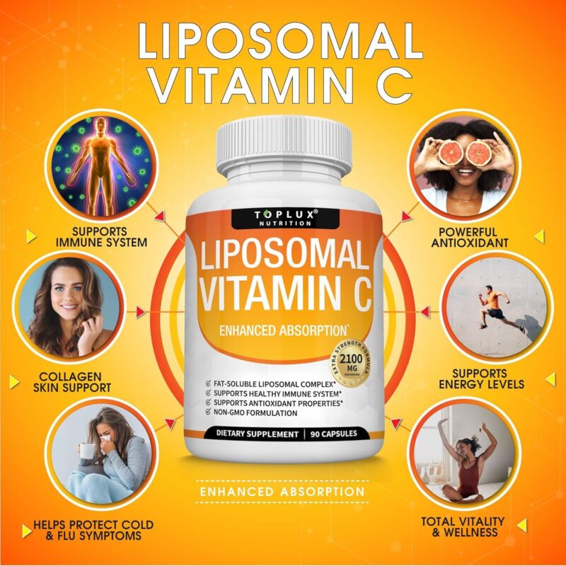 Liposomal Vitamin C 2100mg High Absorption Fat Soluble VIT C - Immune Support Collagen Booster Immunity Defense & Powerful Antioxidant, MCT Oil & Sunflower Lecithin, Acsorbic Acid, Vegan Non-GMO : Health & Household