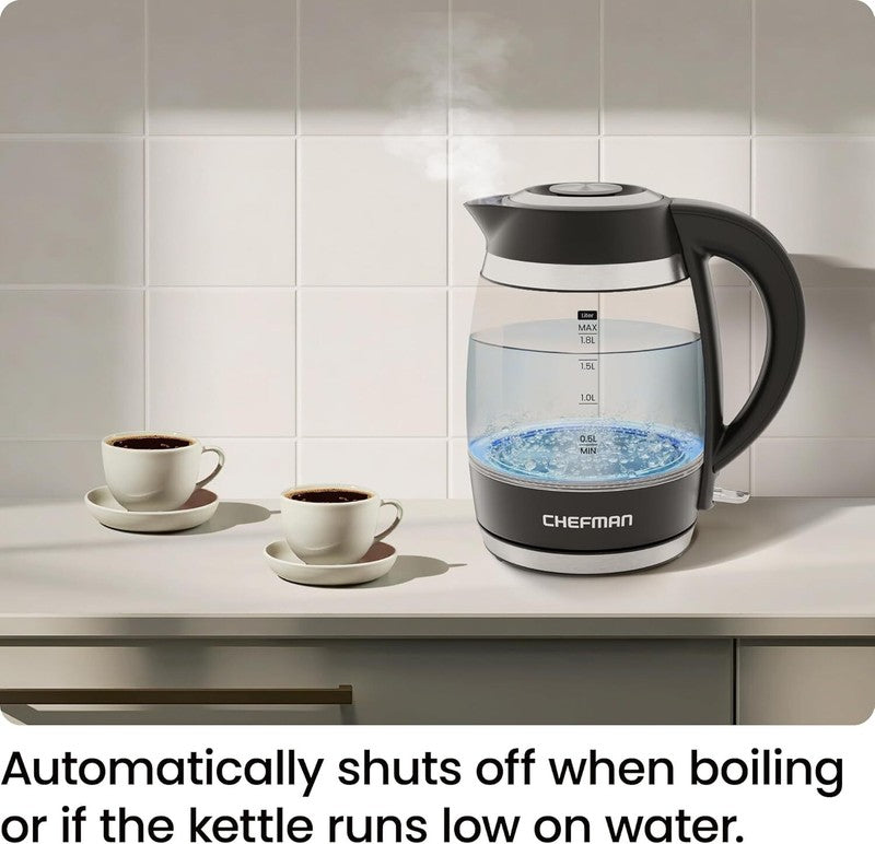 Chefman Electric Kettle, 1.8L 1500W, Hot Water Boiler, Removable Lid for Easy Cleaning, Auto Shut Off, Boil-Dry Protection, Stainless Steel Filter, BPA Free, Borosilicate Glass Electric Tea Kettle: Home & Kitchen