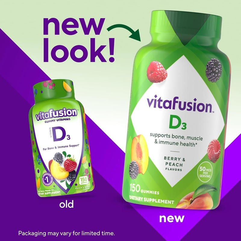 Vitafusion Vitamin D3 Gummy Vitamins for Bone and Immune System Support, Peach, Blackberry and Strawberry Flavored, 50 mcg Vitamin D, America’s Number 1 Gummy Vitamin Brand, 75 Day Supply, 150 Count : Health & Household