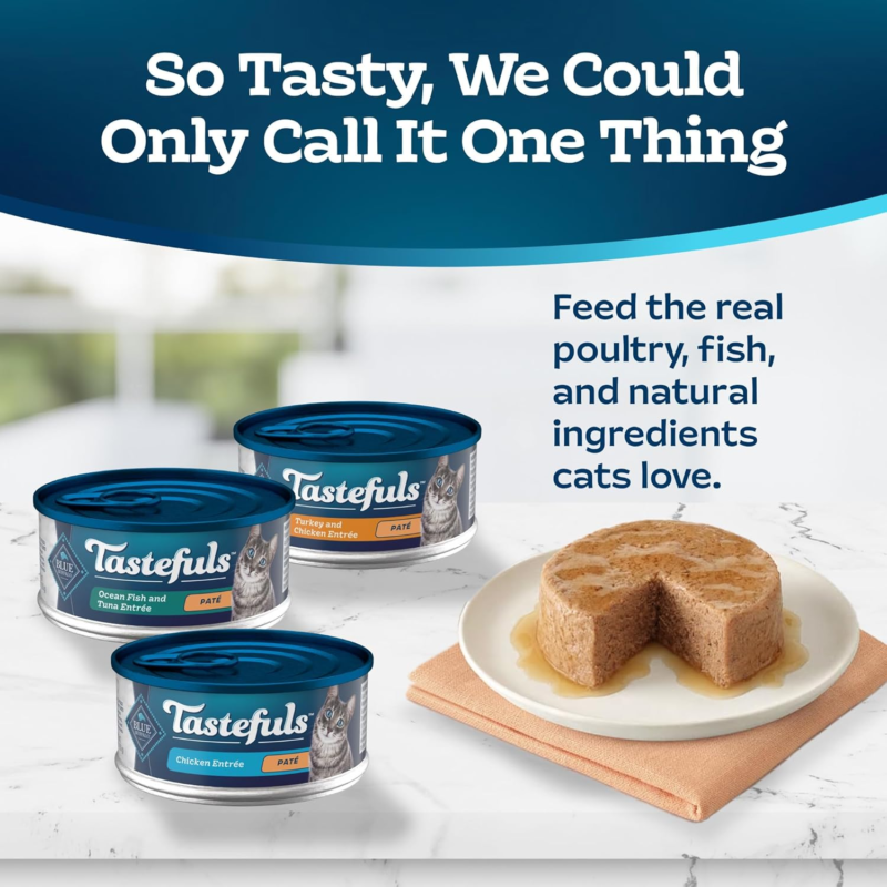 Blue Buffalo Tastefuls Wet Cat Food Paté Variety Pack, Made with Natural Ingredients, Chicken, Turkey & Chicken, Ocean Fish & Tuna Entrées, 5.5-oz Cans (24 Count, 8 of Each)