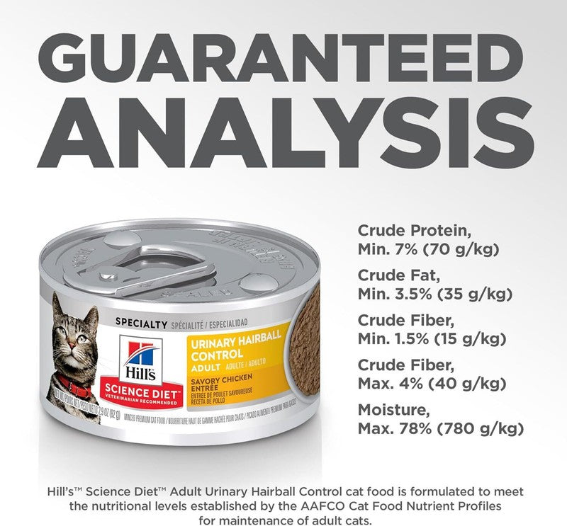 Hill's Science Diet Urinary Hairball Control, Adult 1-6, Urinary Track Health & Hairball Control Support, Wet Cat Food, Chicken Minced, 2.9 oz Can, Case of 24 : Pet Supplies