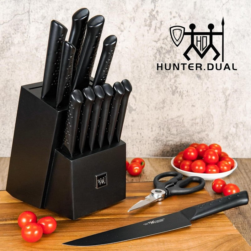 HUNTER.DUAL Knife Sets for Kitchen with Block, 15 Piece Knife Set with Built-in Sharpener, Dishwasher Safe, German Stainless Steel, Black: Home & Kitchen