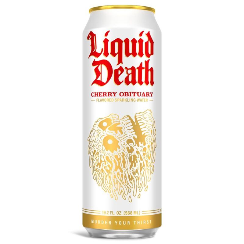Liquid Death, Cherry Obituary, Cherry-Flavored Sparkling Water, 8-Pack (19.2oz Cans), Low Calorie & No Artificial Sweeteners