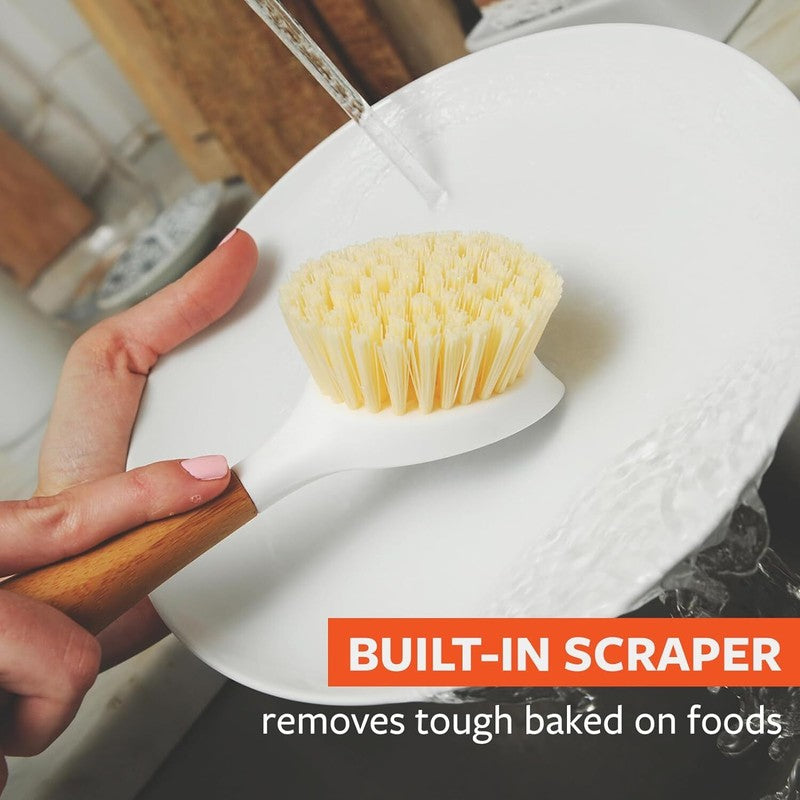 Full Circle Be Good Bamboo Handle Dish Brush – Sustainable Kitchen Cleaning with Tough Bristles - Natural Dish Scrubber & Cast Iron Cleaner - Long Handle Brush for Dishes, Pots, and Pans, White : Home & Kitchen