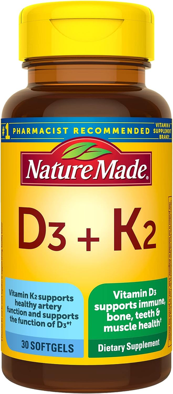 Nature Made Vitamin D3 K2, 5000 IU (125 mcg) Vitamin D, Dietary Supplement for Bone, Teeth, Muscle and Immune Health Support, 30 Softgels, 30 Day Supply : Health & Household
