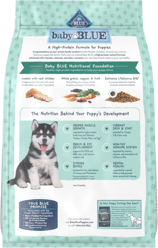 Blue Buffalo Baby Blue Natural Dry Food for Puppies, Healthy Growth Formula with DHA, High-Protein Savory Chicken Recipe, 4-lb. Bag
