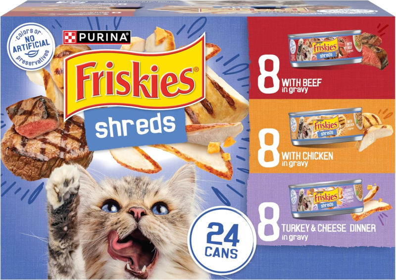 Purina Friskies Gravy Wet Cat Food Variety Pack, Shreds With Beef, With Chicken, and Turkey and Cheese Dinner - (Pack of 24) 5.5 oz. Cans : Canned Wet Pet Food : Pet Supplies