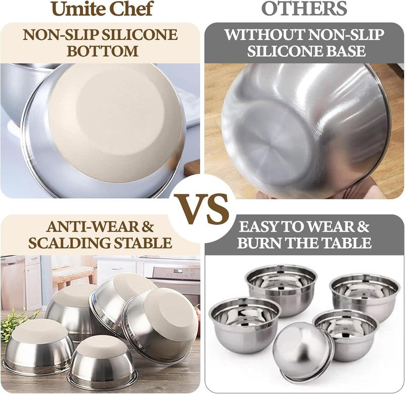 Umite Chef Mixing Bowls with Airtight Lids Set, 8PCS Stainless Steel Khaki Nesting Bowls with Grater Attachments, Kitchen Bowls with Non-Slip Bottoms, Size 5, 4, 3.5, 2, 1.5QT for Mixing & Serving: Home & Kitchen