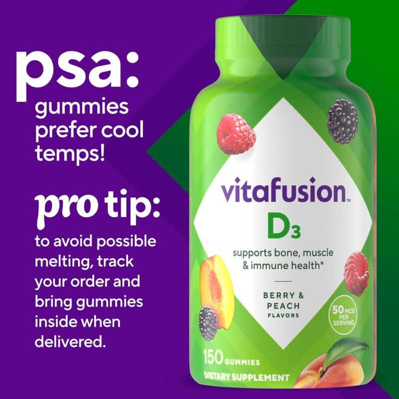 Vitafusion Vitamin D3 Gummy Vitamins for Bone and Immune System Support, Peach, Blackberry and Strawberry Flavored, 50 mcg Vitamin D, America’s Number 1 Gummy Vitamin Brand, 75 Day Supply, 150 Count : Health & Household