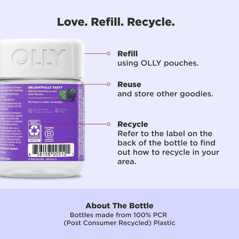 OLLY Sleep Gummy, 3 mg Melatonin, L-Theanine, Chamomile, Lemon Balm, Sleep Aid, Blackberry, 50 Count
