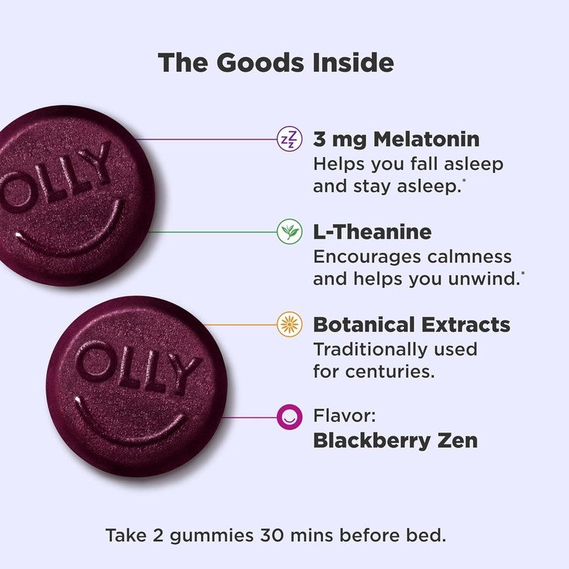 OLLY Sleep Gummy, 3 mg Melatonin, L-Theanine, Chamomile, Lemon Balm, Sleep Aid, Blackberry, 50 Count