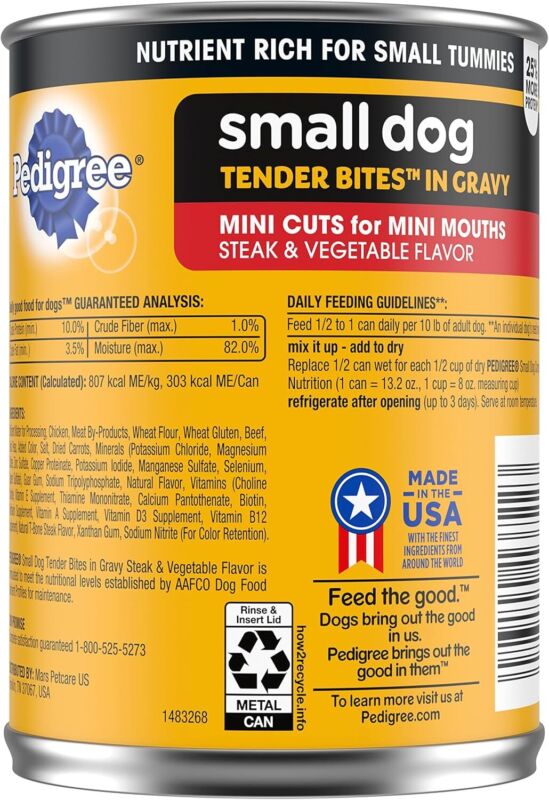 Pedigree Small Dog Tender Bites in Gravy Wet Dog Food, Steak & Vegetable Flavor, 13.2 oz. Cans (12 Count, Pack of 1)