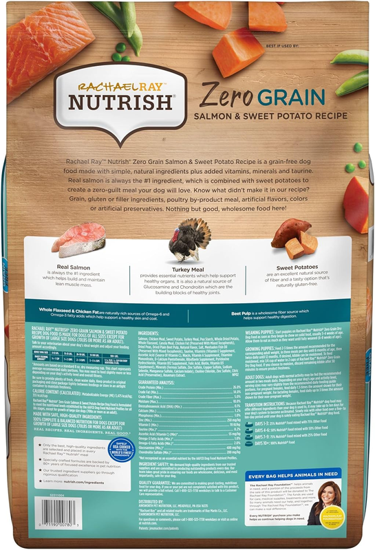 Rachael Ray Nutrish Zero Grain Natural Dry Dog Food, Salmon & Sweet Potato Recipe, 23 Pounds, Grain Free (18236103)