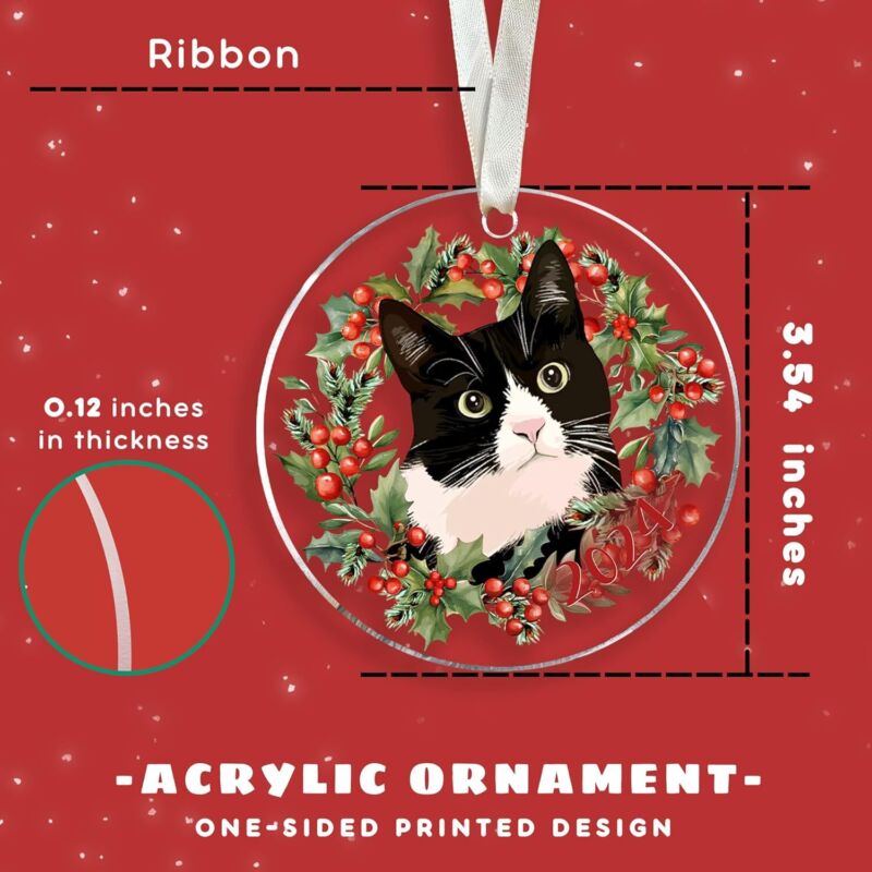 Pawzity Tuxedo Cat Christmas Ornament - Tuxedo Cat Lover Gifts for Women, Men - Tuxedo Cat Ornaments for Christmas Tree - Tuxedo Cat Kitten Xmas Tree Ornaments for 2024 - Acrylic Ornament : Home & Kitchen