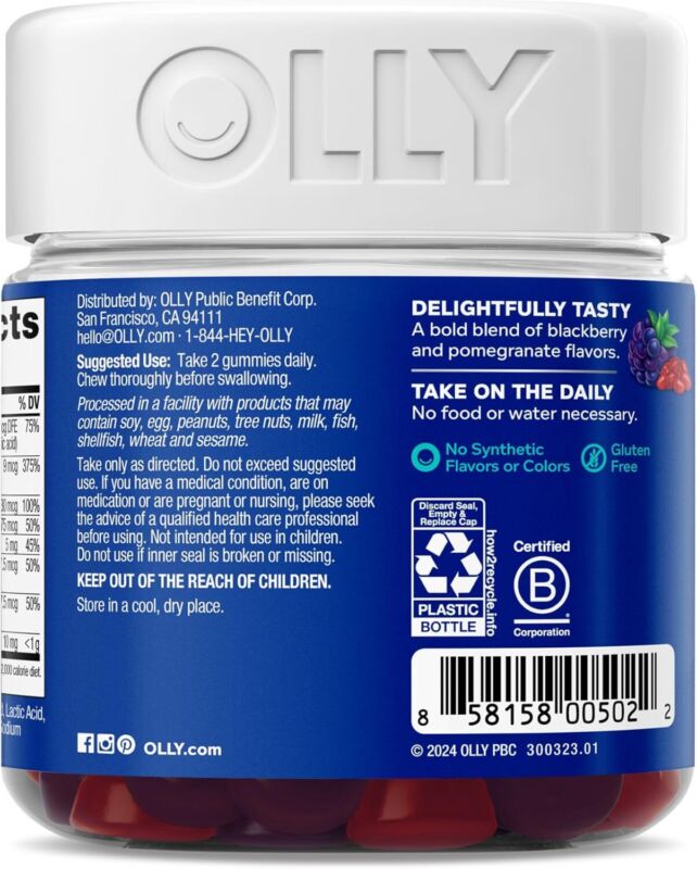 OLLY Men's Multivitamin Gummy, Vitamins A, C, D, E, B, Zinc, Blackberry Flavor, 45 Day Supply - 90 Count : Health & Household