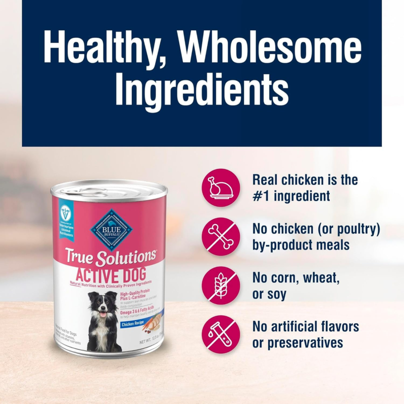 Blue Buffalo True Solutions Active Dog Wet Dog Food for Active Adult Dogs, Made with Natural Ingredients, Chicken, 12.5-oz. Cans (12 Count): Pet Supplies: Amazon.com