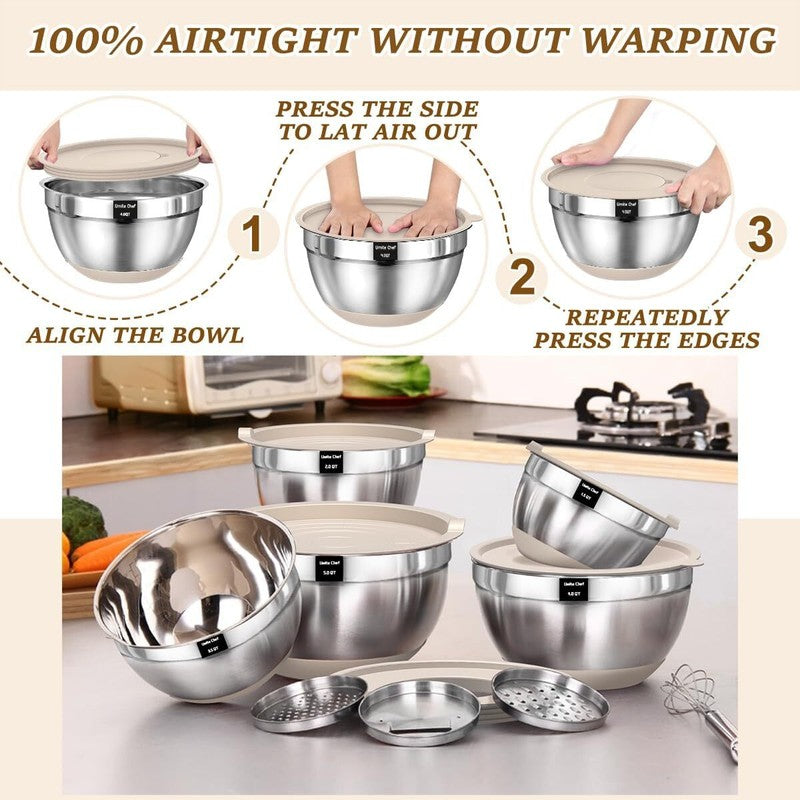 Umite Chef Mixing Bowls with Airtight Lids Set, 8PCS Stainless Steel Khaki Nesting Bowls with Grater Attachments, Kitchen Bowls with Non-Slip Bottoms, Size 5, 4, 3.5, 2, 1.5QT for Mixing & Serving: Home & Kitchen