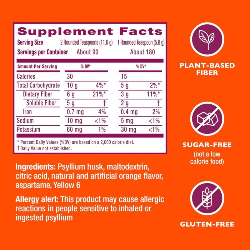 Metamucil 4 in 1 Daily Fiber Supplement Powder, Fiber Powder for Digestive Health and Regularity*, Sugar-Free, Orange, Naturally Sourced Psyllium Fiber, 180 teaspoons : Health & Household