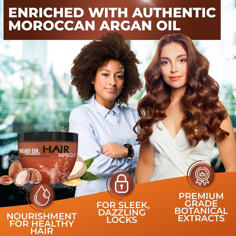 Moroccan Argan Oil Hair Mask - Sulfate Free, Anti Frizz Hydrating Care for Women and Men - Deep Moisturizing Conditioner Treatment for Color Treated, Curly, Damaged, Frizzy and Dry Hair : Beauty & Personal Care