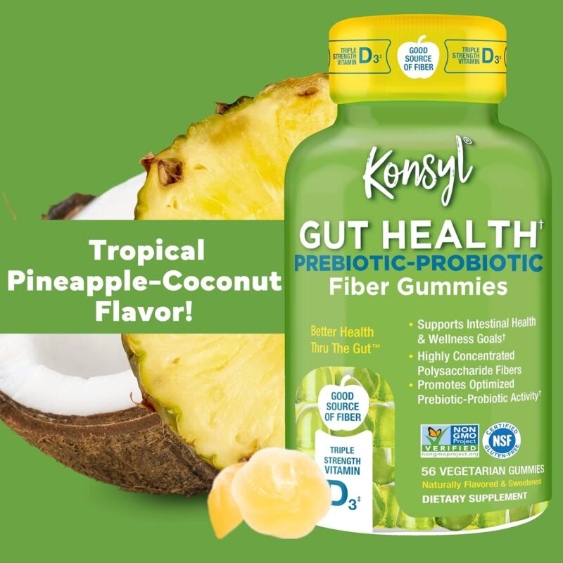 Konsyl Gut Health Prebiotic Probiotic Fiber Gummies Digestive Support 56 Ct