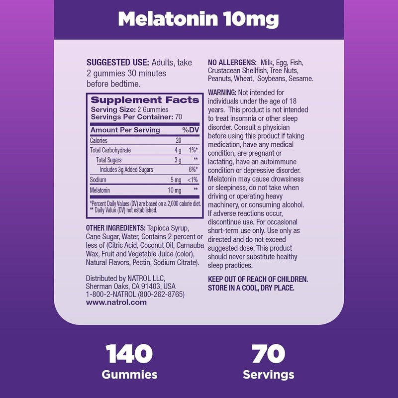 Natrol Melatonin Gummies, Sleep Support for Adults, Melatonin 10 mg, 140 Strawberry-Flavored, Up to 70 Days : Health & Household