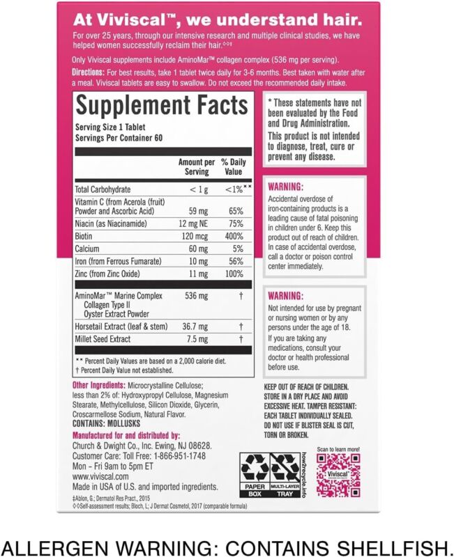 Viviscal Women's Hair Growth Supplement – Nourish Thinning Hair and Increase Hair Thickness – With AminoMar Collagen, Biotin, Zinc, Vitamin C, and Iron – 60 Tablets (30-Day Supply) : Beauty & Personal Care