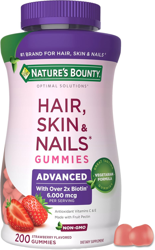 Nature’s Bounty Optimal Solutions Advanced Hair, Skin and Nails Pectin Gummies, 2x Biotin Per Serving, No Stick Gummy, Vegetarian Formula, Strawberry Flavor, 200 ct, 100 Total Servings : Health & Household