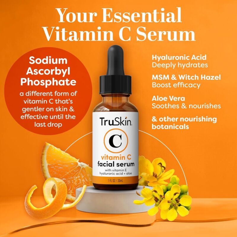 TruSkin Vitamin C Serum For Face – Anti Aging Formula with Vitamin C, Hyaluronic Acid, Vitamin E – Brightening Serum – Improve Appearance of Dark Spots, Tone, Fine Lines & Wrinkles, 1 Fl Oz : Beauty & Personal Care