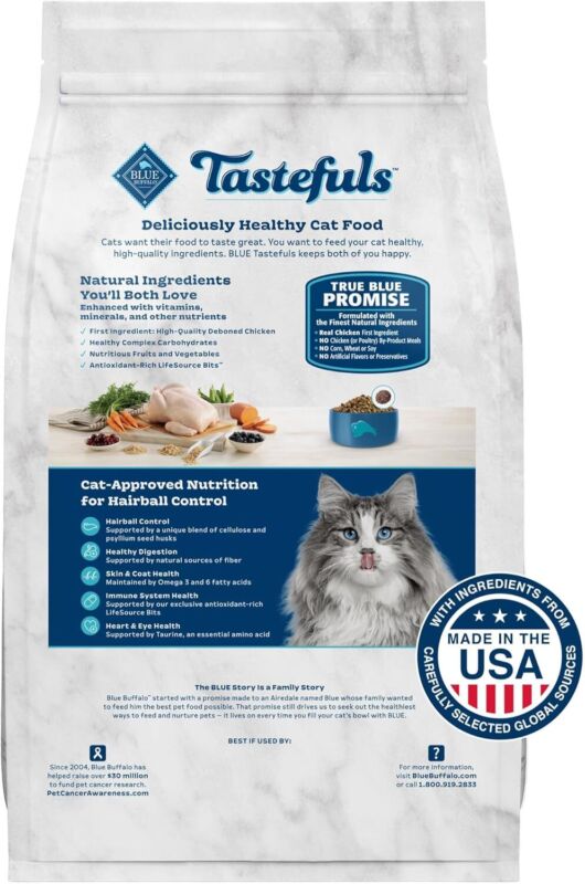Blue Buffalo Tastefuls Weight & Hairball Control Natural Dry Food for Adult Cats, 3-lb. Bag : Pet Supplies