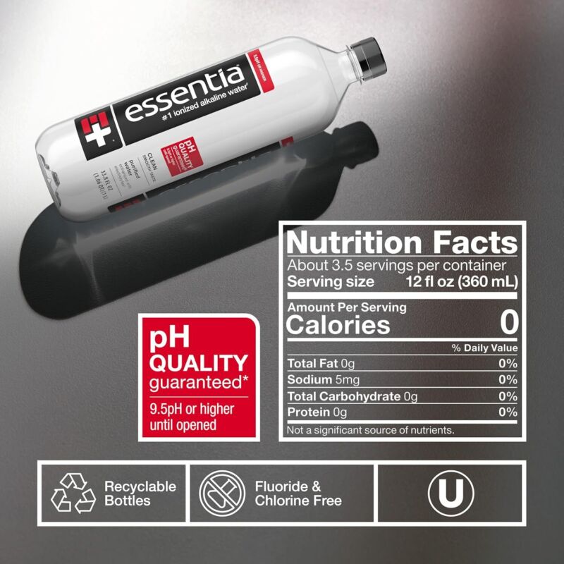 Essentia Water LLC , 99.9% Pure, Infused with Electrolytes for a Smooth Taste, pH 9.5 or Higher; Ionized Alkaline Water, Black, 42.3 Fl Oz (Pack of 12) : Grocery & Gourmet Food