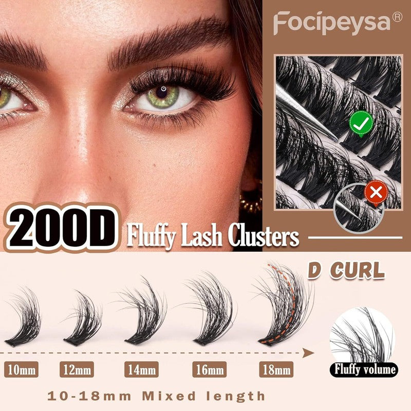 Focipeysa Lash Extension Kit Thick Eyelash Extension Kit 10-18mm Volume Lash Clusters 200D Individual Eyelashes Kit with Lash Bond, Lash Remover, Lash Applicator, DIY Lashes Extension : Beauty & Personal Care