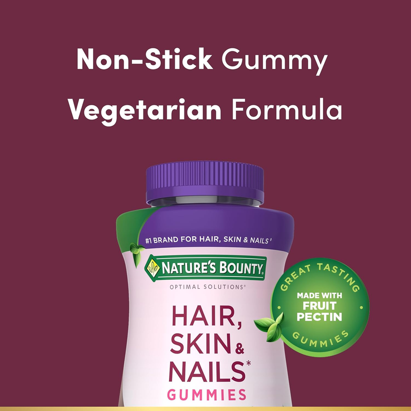 Nature’s Bounty Optimal Solutions Advanced Hair, Skin and Nails Pectin Gummies, 2x Biotin Per Serving, No Stick Gummy, Vegetarian Formula, Strawberry Flavor, 200 ct, 100 Total Servings : Health & Household