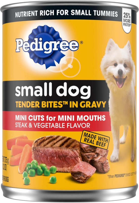Pedigree Small Dog Tender Bites in Gravy Wet Dog Food, Steak & Vegetable Flavor, 13.2 oz. Cans (12 Count, Pack of 1)