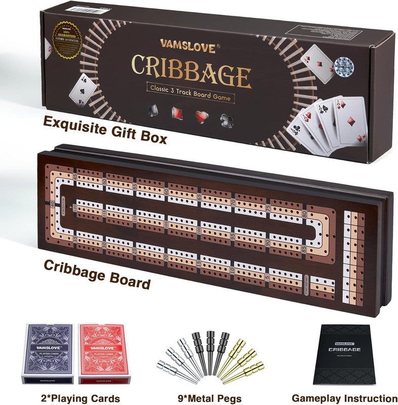 VAMSLOVE Wooden Cribbage Board Game Magnetic 3-Track Scoreboard with Large Slots for Storing 2 Playing Cards and 9 Metal Pegs, Travel Family Game Night (Instruction Included : Toys & Games