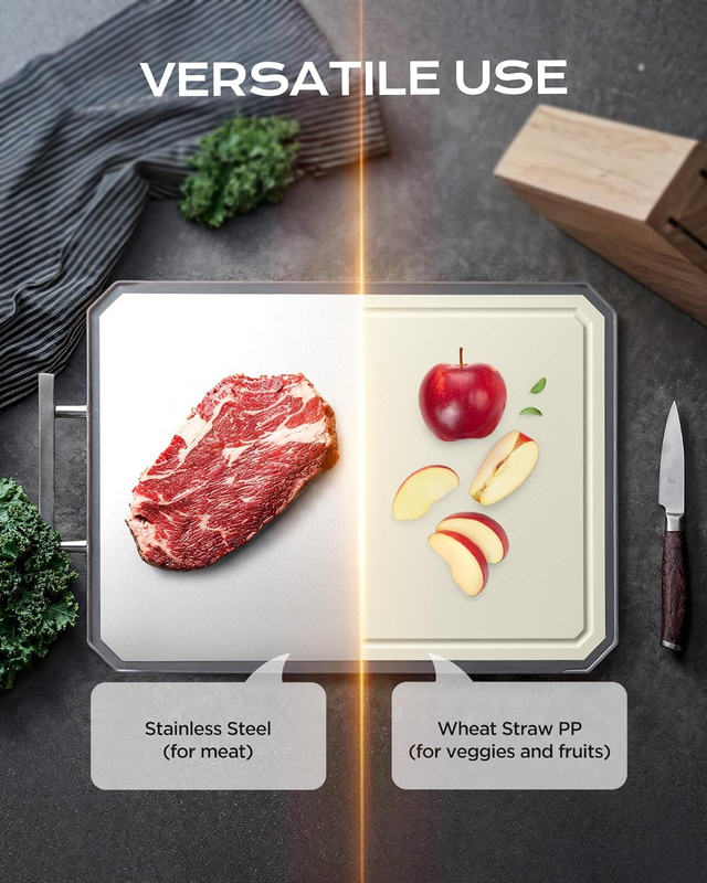 SNOWCLAD Stainless Steel Cutting Board,Double Sided Steel Cutting Boards for kitchen,Stainless Steel/Wheat straw pp Large Cutting Board for meat,Dishwasher Safe,non toxic Chopping Board,16 * 11 Inch: Home & Kitchen