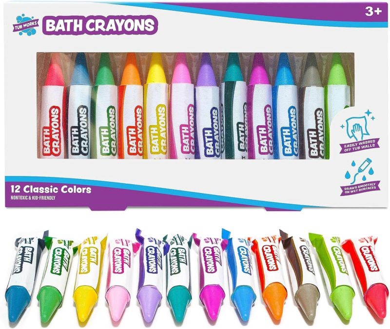 Tub Works® Smooth™ Bath Crayons Bath Toy, 12 Pack | Nontoxic, Washable Bath Crayons for Toddlers & Kids | Unique Formula Draws Smoothly & Vividly on Wet & Dry Tub Walls | Hexagon Grip Bathtub Crayons : Toys & Games