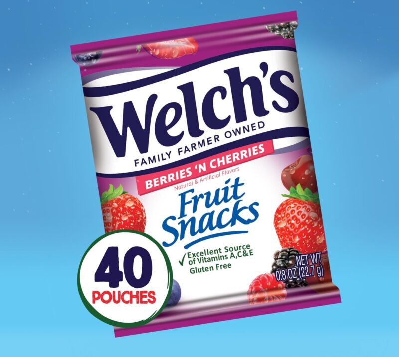 Welch's Fruit Snacks, Berries 'N Cherries, Bulk Pack, Individual Single Serve Bags, 0.8 oz (Pack of 40)