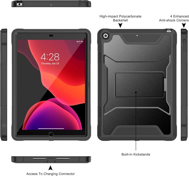 Soke Case for iPad 9th/8th/7th Generation 10.2-Inch (2021/2020/2019 Release), with Built-in Screen Protector and Kickstand, Rugged Full Body Protective Cover for Apple iPad 10.2 Inch - Black : Electronics
