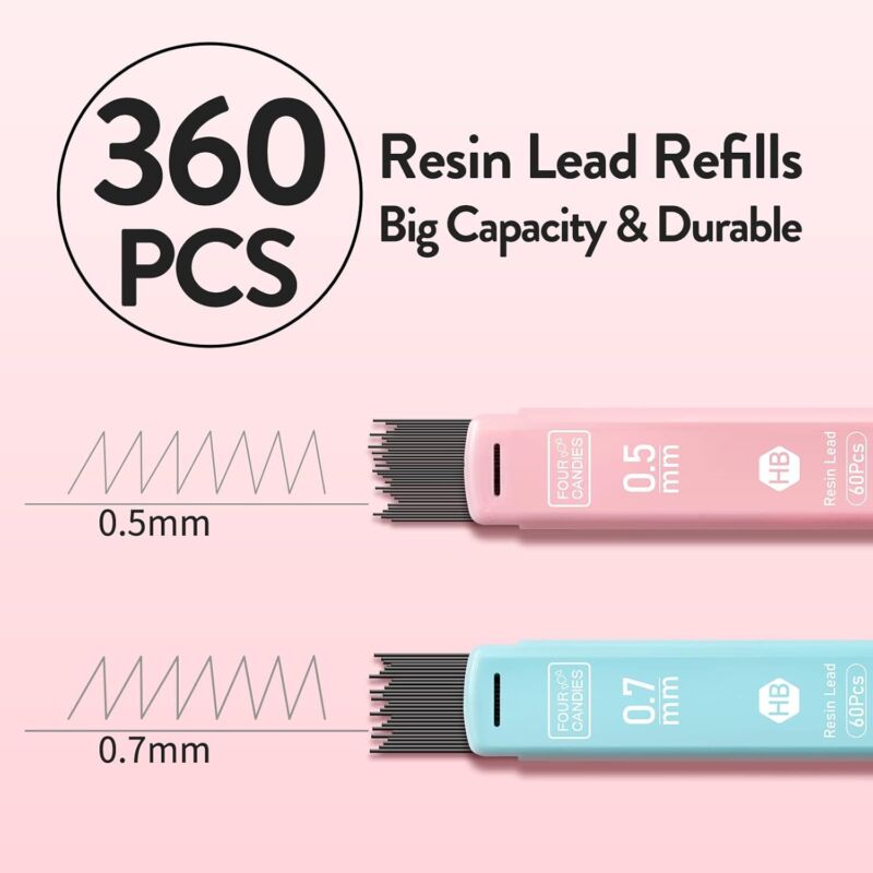Four Candies Cute Mechanical Pencil Set, 6PCS Pastel Mechanical Pencils 0.5 & 0.7mm with 360PCS HB Pencil Leads, 3PCS Erasers and 9PCS Eraser Refills, Aesthetic Mechanical Pencils for Girls Writing : Office Products