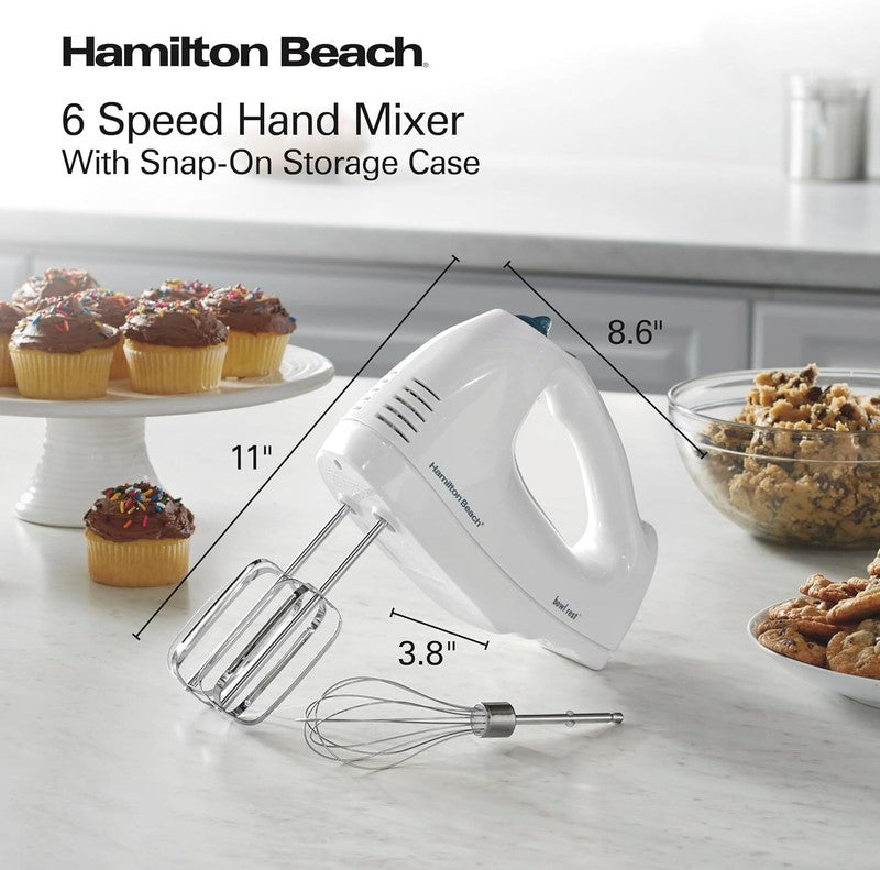 Hamilton Beach 6-Speed Electric Hand Mixer with Whisk, Traditional Beaters, Snap-On Storage Case, 250 Watts, White: Home & Kitchen